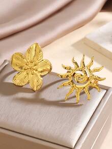 2 chiếc nhẫn nữ hình hoa mặt trời - Thép không gỉ mạ vàng 18K, thiết kế đơn giản và hiện đại, phù hợp đeo hàng ngày. - Vàng - Xem 5