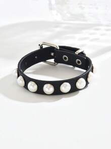 1 chiếc vòng tay nữ bằng da PU giả ngọc trai có thể điều chỉnh, phong cách Punk Rock, thẩm mỹ tối màu Y2K, đa năng cho đeo hàng ngày. - Màu đen - B1326 - Xem 5