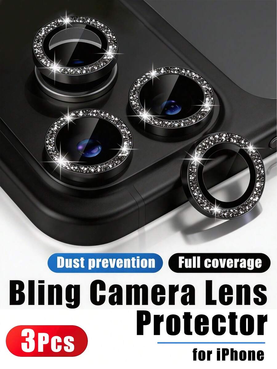 3 pièces Protecteur d'objectif de caméra en verre trempé 9H avec anneau décoratif en métal et strass en alliage, compatible avec iPhone 17 Pro Max/17 Pro/17 Air/17/16 Pro Max/16 Pro/16/16E/15 Pro Max/15 Pro/15 Plus/15/14 Pro Max/14 Pro/14 Plus/14/13/12/11, accessoires de téléphone, convient pour les coques de téléphone, excellent cadeau pour la famille et les amis, cadeau pour la fête des mères, anniversaire - Noir - Voir 1