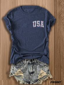 Women's American Flag Patriotic T-Shirt, Double Sided Print Cotton Blend Tee, Perfect 4th Of July & Independence Day Outfit - 藏蓝色 - 查看 2