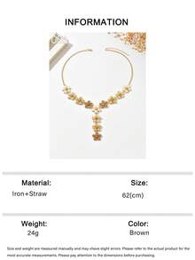 OOQ 1pc Bohemian Style Handmade Woven Raffia Daisy Flower Patchwork Y-Necklace, Fashionable Personalized Handcrafted Raffia Floral Patchwork Long Necklace Suitable For Women's Daily, Beach, Party Wear (Handwoven Style Random, Handmade May Have Slight Glue Residue) - Brown - View 6