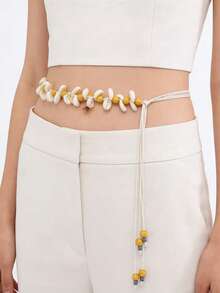 1pc Women's Boho Seashell & Wooden Bead Tassel Bowknot Decorative Waist Rope/Belt, Handmade For Beach Dress - Seashell - Colorful - View 12