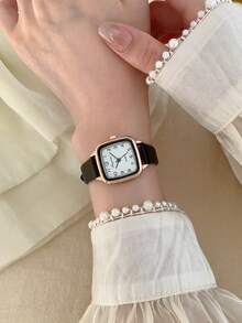 方形女士石英表 时尚复古 精致阿拉伯数字刻度 适合日常佩戴 生日/毕业礼物 - 黑色 - 查看 4