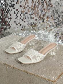 Women's Fashion Mesh Embroidered Square Toe High Heel Sandals, Elegant Sexy Comfortable Versatile Chunky Heel Slide Sandals - White - View 6