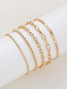 5pcs Bracelet Set, Fashion Minimalist Paperclip Chain, Bead Chain, Wave Chain, Blade Chain, Twist Chain Bracelets, Luxury Niche Personalized Chain Accessories Suitable For Girls And Women (Bead Quantity Random) - Yellow Gold - View 3