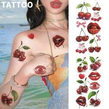 Pegatinas de tatuaje temporal a prueba de agua de labios de color rojo cereza, estampado de lazo rosa, patrón de llama roja vívida, accesorios de fiesta de frutas, tatuajes de arte corporal para el brazo para mujeres y hombres, aplicables al cuello, muñeca, cara, hombro, abdomen, pierna - Rojo - Ver 4