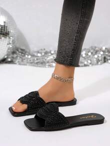 Women's Versatile Black Pearl & Rhinestone Flat Slippers, Summer - Black - View 12
