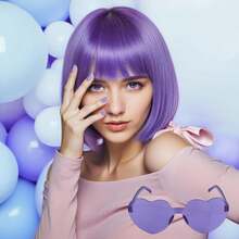 Cyberpunk Bob Wig & Glasses Set - 20+ Neon Colors With Adjustable Fringe | Multi-Tone Synthetic Hair For Cosplay, Rave, Halloween & Daily Bold Fashion (Hot Red/Lime Green/Orange/Light Pink/Plum Purple/Neon Blue/Neon Lilac/Golden Blonde/Black) - 淡紫色 - 查看 5
