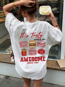 Áo thun nữ tay ngắn cổ tròn màu trắng, kiểu dáng tối giản mùa hè, in hình khoai tây chiên và bánh mì kẹp thịt, thời trang và đa năng. - trắng - Xem 6
