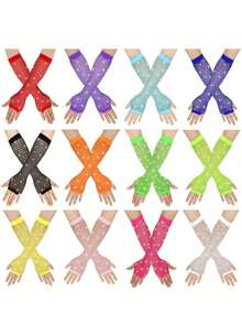 2pcs 1980s Neon Street Party Punk Rhinestone Fishnet Fingerless Gloves, Suitable For Halloween Party, Mother's Day Gift, Ball Dance Hollow Gloves, Party Fishnet Elastic Mesh Gloves, Fashion Neon Fishnet Long Fingerless Gloves - Multicolor - View 11