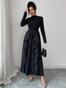 unicolor de otoño, elegante y conservador, asimétrico/con pliegues y encaje/borde con volantes, adecuado para uso diario, festivales, fiestas de cumpleaños, San Valentín, negro - Negro - Ver 5
