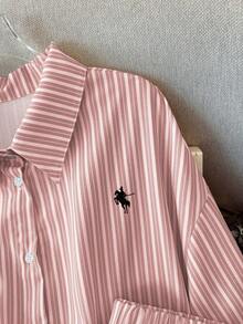 PARARAL Plus Size Women's Fashion Resort Striped Embroidered Long Sleeve Shirt & Wide Leg Pants 2-Piece Set, Casual Vacation Outfit For Women, Spring Elegant Pink - Pink - View 5