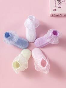 5/1 Pair Girls/Baby Girls Spring/Summer Versatile Socks, Cute Sweet Princess Style Embroidered Lace Trim Socks, Fashion Casual Breathable Soft Comfortable Colorful Short Socks, Suitable For School, Dance Performance, Party, Leisure Activities - Multicolor - View 2