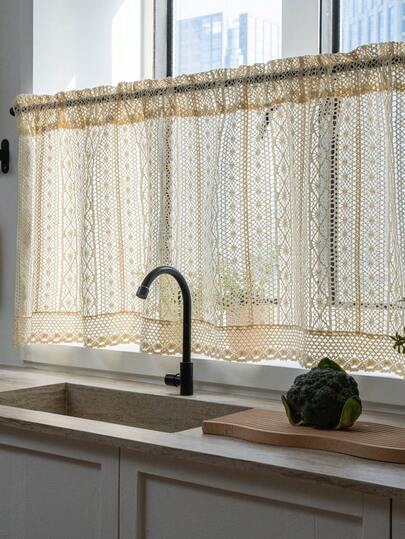 Bubaba 1 chiếc rèm ngắn ren móc thủ công màu be, rèm tủ bằng cotton kiểu nông trại mộc mạc, hơi trong suốt, họa tiết hoa, dùng cho nhà bếp, phòng tắm, cửa sổ, trang trí riêng tư, mùa xuân, lễ Phục sinh.