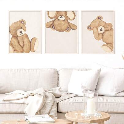 3pcs Children's Day Themed Decorative Paintings, Teddy Bear Themed Baby Room Decor, Boys & Girls Bedroom Wall Decor, 3-Piece Set, Cute Animal Peeking Pattern, Digital Download Suitable For Nursery Or Playroom, Nursery Wall Decor, Nursery Decor, Wall Art Poster, Inspirational Printed Wall Art
