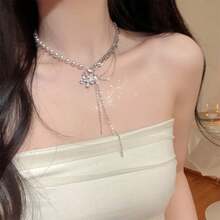 Super Fairy  Butterfly Spliced Pearl Necklace, Korean Style High-End Sense, Niche Minimalist Long Tassel Chain Clavicle Necklace, - trắng - Xem 5