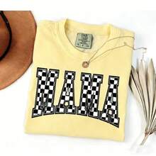 [100% Cotton] VPRNT  Checkered Mama Shirt Gift For Mom Retro Vintage Mom Shirt Summer Short Sleeve Tops - Unisex Women's & Men's Campus Daily Wear - 黃色 - 查看 1