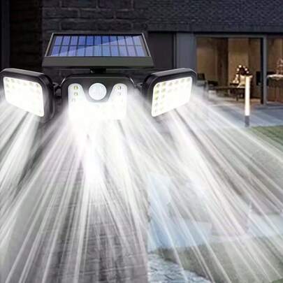1/2pcs Outdoor Wall Light With Motion Sensor, 74 LED, 270° Illumination Angle, Safety Floodlight, 3 Rotatable/Adjustable Heads, Outdoor Decor Lighting, Built-In 800mAh Rechargeable Battery, Solar Powered Charging, 3 Lighting Modes