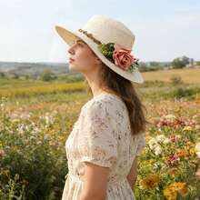JEWELRYWE Women's Straw Sun Hat, 3D Artificial Flower Decoration, Flat-Top Sun Protection Hat, Vacation Style Beach Hat, Suitable For Summer Outdoor Casual - 米色 - 查看 5