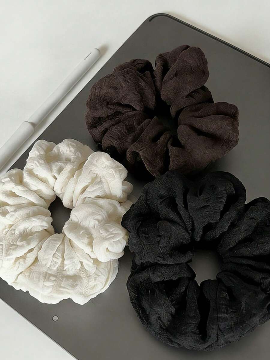 3条秋冬可爱加厚黑/白/棕色发圈，10厘米/3.94英寸，时尚百搭优雅简约纯色发绳，适合日常佩戴、休闲、派对、通勤、度假、扎马尾、盘发、洗脸、化妆、搭配服装，夏季、假日、旅行必备 - 彩色 - 查看 1