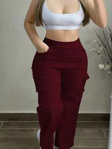 Pantalones cargo de unicolor, de estilo minimalista y casual para mujer de talla grande, para primavera - Burdeos - Ver 1
