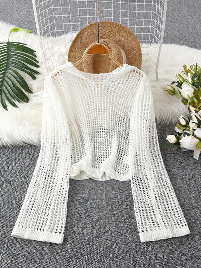 Áo khoác dài tay có mũ, màu trơn, kiểu dáng thường ngày dành cho nữ, thích hợp cho kỳ nghỉ, với họa tiết khoét lỗ.
