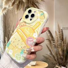 1 pieza Funda de teléfono con protección de lente anti-caída gruesa con diseño de oso de mantequilla y té de boba, compatible con iPhone/Galaxy/Transsion, diseño elegante y minimalista para amantes de la moda, versión internacional, no la versión nacional - Blanco - Ver 11
