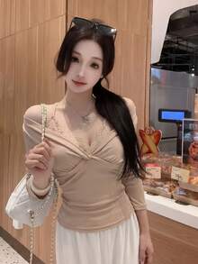 Twist Knot Halter Sexy Lace Hollow Out Layered Long Sleeve Crop Top Undershirt Summer - Khaki - View 2