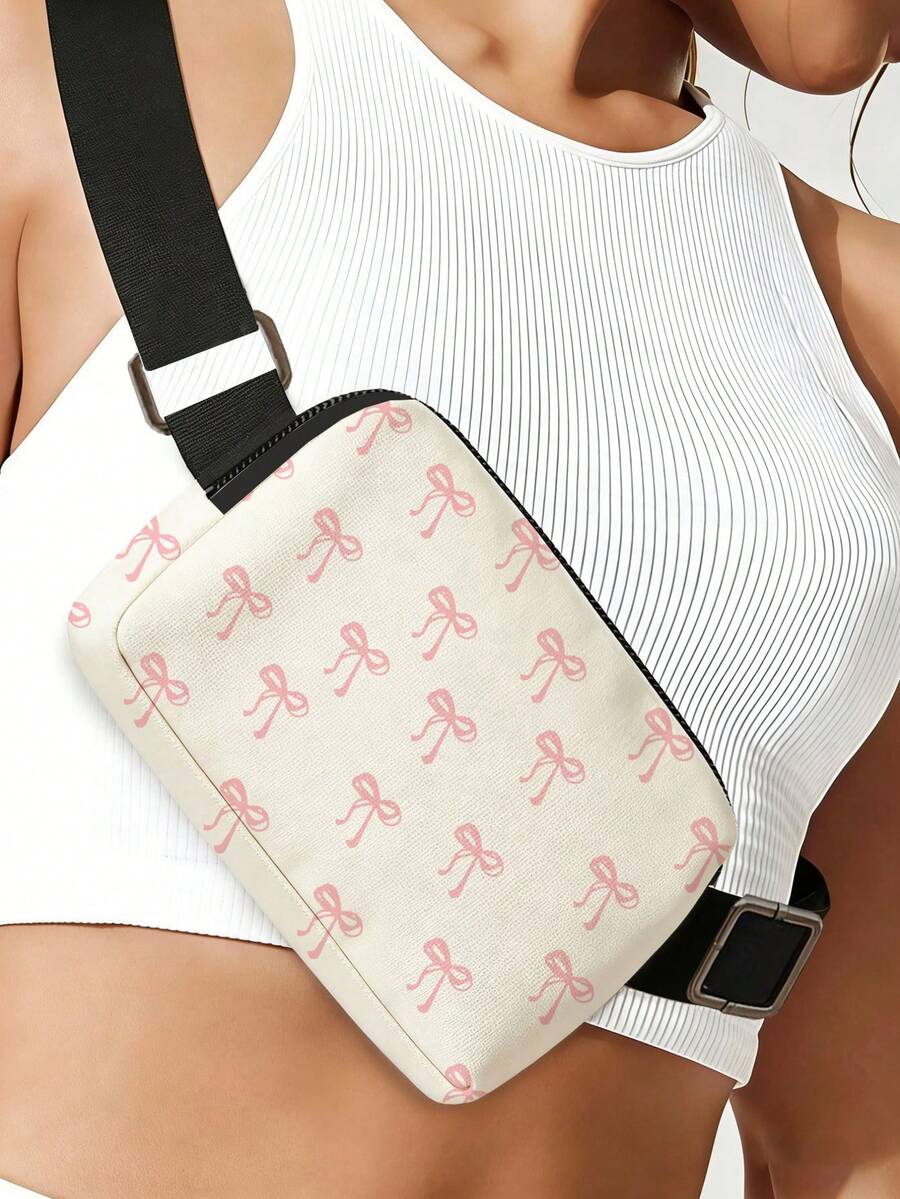 Pink Bow Design Fashion Waist Bag, Portable Chest Bag, Multi-Functional Crossbody Bag, Can Hold Lipstick, Makeup Brushes, Skincare, Phone, Coins, Small Items, Suitable For Travel, Camping, Running, Hiking, Cycling, Beach, Swimming Pool, Gym, Mother's Day Gift, Travel Essential - Multicolor - View 1