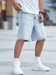 Light Blue Casual Slim Fit Straight Leg Denim Shorts, European And American Style For Teenagers - 淺藍色 - 查看 5
