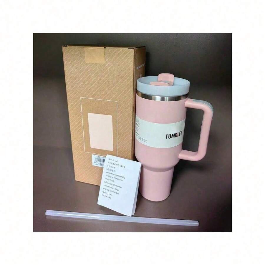 40oz Large Capacity Stainless Steel Insulated Tumbler With Handle & Straw – Double-Wall Vacuum Insulation For Hot & Cold Beverages, Perfect For Home, Office, Gym, Or Camping – Durable, Portable, And Leak-Proof Design For All-Day Temperature Retention. - Pink - View 1
