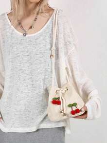Strawberry Fashion New Shoulder Crossbody Bag Handbag Commuter Bag Drawstring Bucket Bag Minimalist Cherry Shoulder Bag, Summer, Straw Bag - Beige - View 9