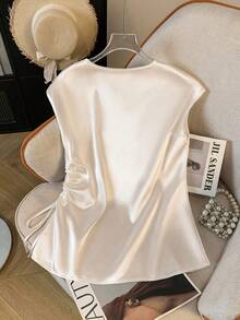 Satin |   Pleated Detail] Satin V-Neck Shirt |   Women's Solid Color With Pleated Detail |   Elegant Drawstring Design For Spring/Summer/Fall - Beige - View 2