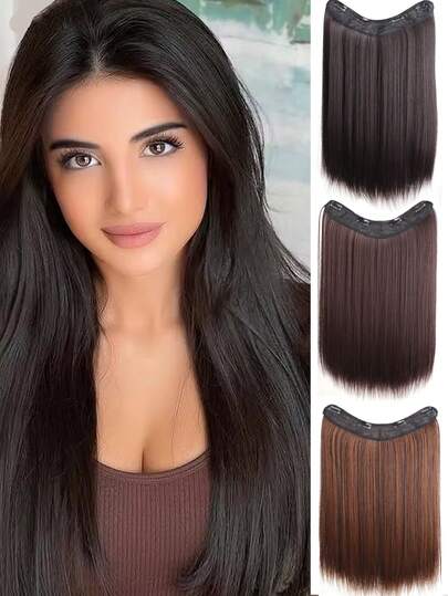 16/20/24/28inch Heat Resistant Women Synthetic Long Straight Invisible Hairpiece V-Shaped 4-Clip In Hair Extensions Brown Black Dark Brown Fake Hairpiece For Various Occasions
