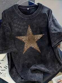 1PC Women' 230g Heavyweight Oversized T-Shirt - Bohemian Vintage Round Neck Short Sleeve Top With Black/Golden Star Or Leopard Print, Gray Loose Fit Washed Shirt Suitable For Spring, Summer, Fall Layering Piece, Machine Washable Casual Attire Summer Tops Summer Clothes Shirts Summer Graphic Tees Women T Shirts Tropicoqueta Outfits Tropical Outfits For Women Going Out Tops Women Tropical Outfits For Women Going Out Tops T Shirts Women - 黑色 - 查看 7