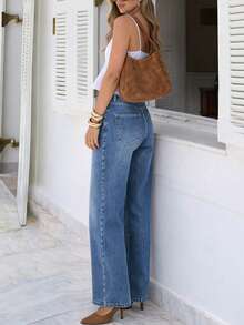 Jeans anchos de pierna ancha de mujer con lavado azul, elásticos y holgados, versátiles para ir al trabajo y uso diario, casuales para todas las estaciones y primavera - Azul claro - Ver 3