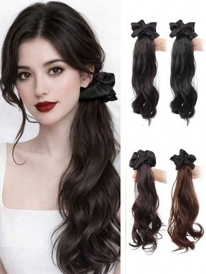 Women's Ponytail Wig, Lazy Side-Parted Pear Blossom Long Curly Hair, Claw Clip Low Ponytail, Large Hair Scrunchie, Fake Ponytail