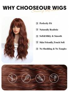Peluca Larga Ondulada Multicapa De 26 Pulgadas En Color MarróN-Rojo Con Flequillo Aireado - Cabello SintéTico Resistente Al Calor, Gorra De Red De Rosa Transpirable, Textura Sedosa Natural, Adecuada Para Mujeres A La Moda, Fiestas, Vacaciones, Viajes, Regalos De Navidad Y Halloween Para NiñAs - Marrón - Ver 7