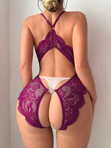 女士性感蕾丝裆部连体裤，镂空设计 - 紫色 - 查看 6