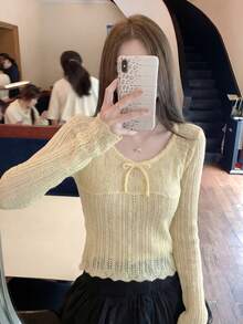 新款春夏性感镂空蝴蝶结针织衫，修身长袖上衣，适合周末外出，甜美性感短款上衣 - 杏色 - 查看 2