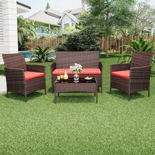 4-Piece Outdoor Furniture Set, PE Rattan Wicker Chairs With Soft Cushions & Tempered Glass Coffee Table - All-Weather Patio Set For Garden, Backyard, Porch, Poolside - Brown/Red - View 9