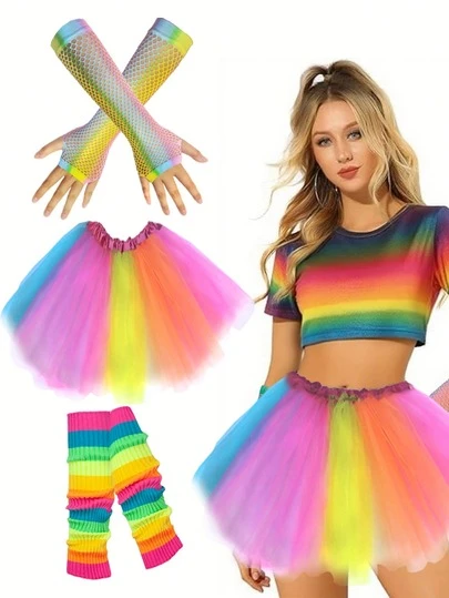 3Pcs D EXCEED 1980s Retro Party Costume Accessories Set For Women Lace Fishnet Gloves Tutu Skirt Leg Warmers For 80s Theme Party Street Performance Music Festival Birthday Party Gift Giving