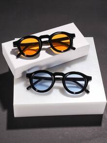 2PCS Men's Fashion Glasses, Polycarbonate Oval Frames, Black Grey Blue Yellow Classic Casual Personalized Cool Retro Versatile, Daily Travel Party Street Wear, With Glasses Box - Multicolor - View 13