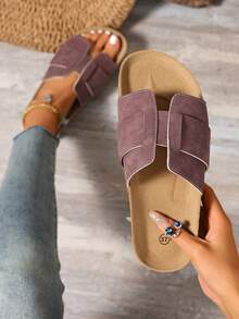 Purple Double Buckle Thick Sole Slide Sandals, Retro Open Toe Soft Bottom Slip-On Casual Shoes, French Slouchy Versatile Breathable Lightweight Beach Holiday - Red - View 2