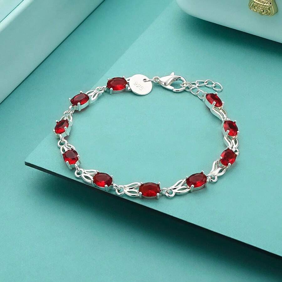 Vòng tay mạ bạc 925 đính pha lê đỏ, trang sức thời trang dành cho nữ, quà tặng đám cưới và tiệc tùng. - Bạc - Xem 1