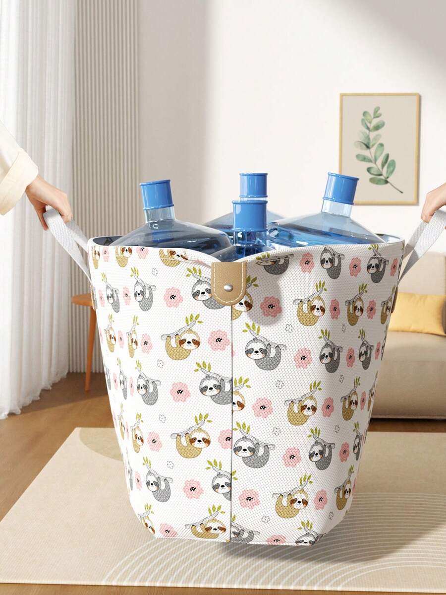 1PC Cute Sloth Print Storage Bag, Large Capacity Clothes Organizer With Reinforced Handles, Waterproof Non-Woven Fabric & Smooth Metal Zipper, Foldable Moving Bag For Quilts, Blankets, Toys & Travel Essentials, Aesthetic Home Storage Solution For Bedroom, Closet & Dorm - White - View 1