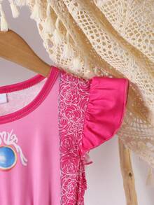 Girls Peach Princess Dress Ruffle Sleeve Gem Emblem Casual Party Dress Young Girl's Birthday Outfit Summer Clothing - Hot Pink - View 5