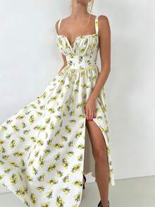 Women's Lemon Print Sexy Cute Elegant Sleeveless Tie Strap Slit Dress, Suitable For Daily Outings, Dates, Commuting, Holidays, Parties, Street Photography And Various Occasions - White - View 1