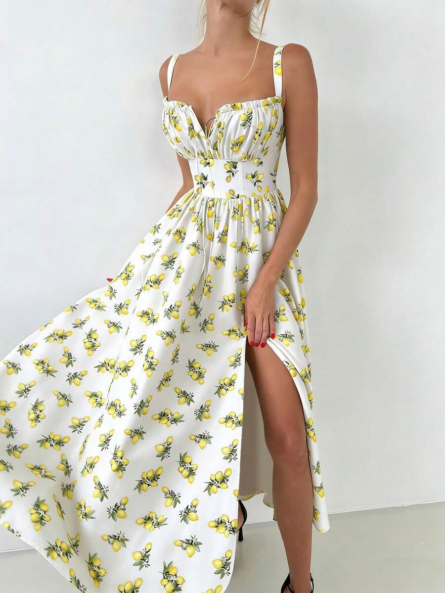 Women's Lemon Print Sexy Cute Elegant Sleeveless Tie Strap Slit Dress, Suitable For Daily Outings, Dates, Commuting, Holidays, Parties, Street Photography And Various Occasions - White - View 1
