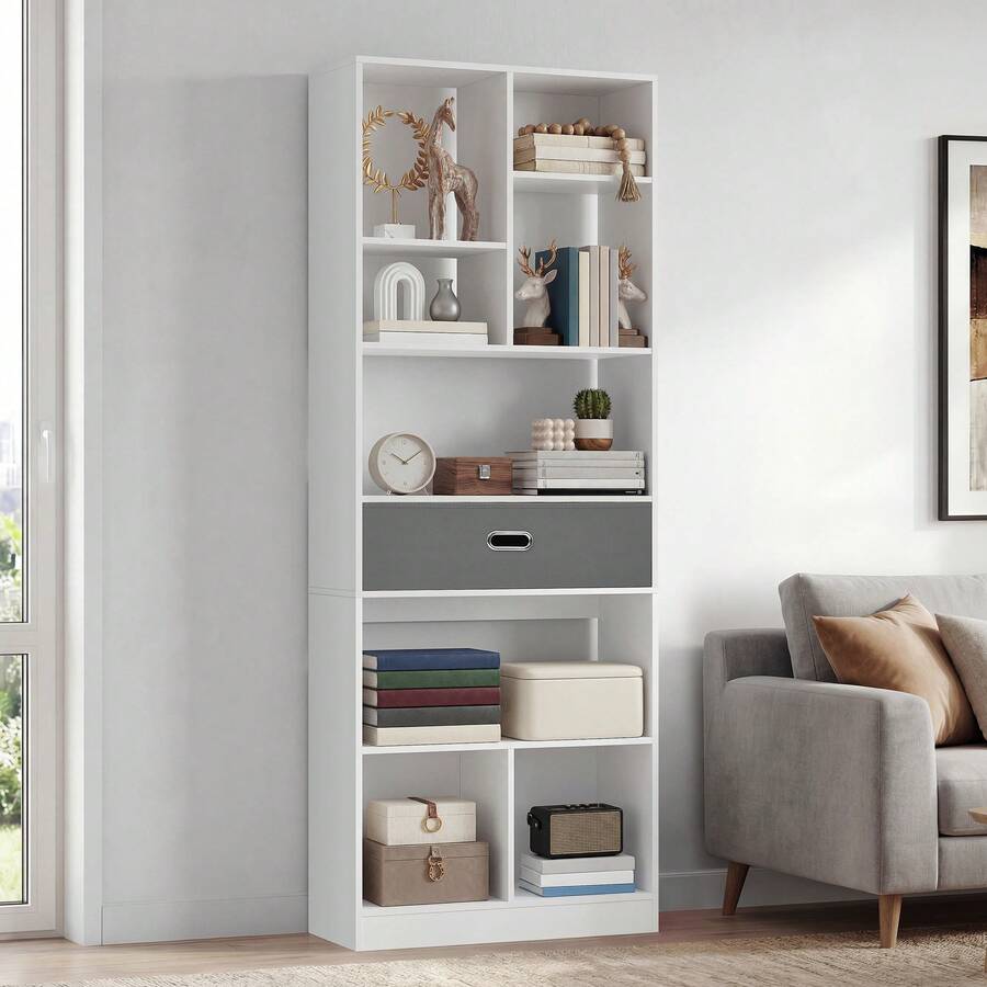 BALCONERA Hohes, freistehendes Bücherregal mit 7 offenen Fächern und 1 Stoffschublade für Wohnzimmer, Schlafzimmer, Büro, Weiß, 60 cm (B) x 24 cm (T) x 170 cm (H) - Weiss - Übersicht 1
